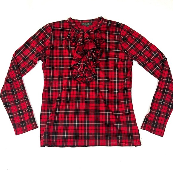 Lauren Ralph Lauren sz S red & black plaid ruffle front long sleeve knit blouse - Picture 1 of 12